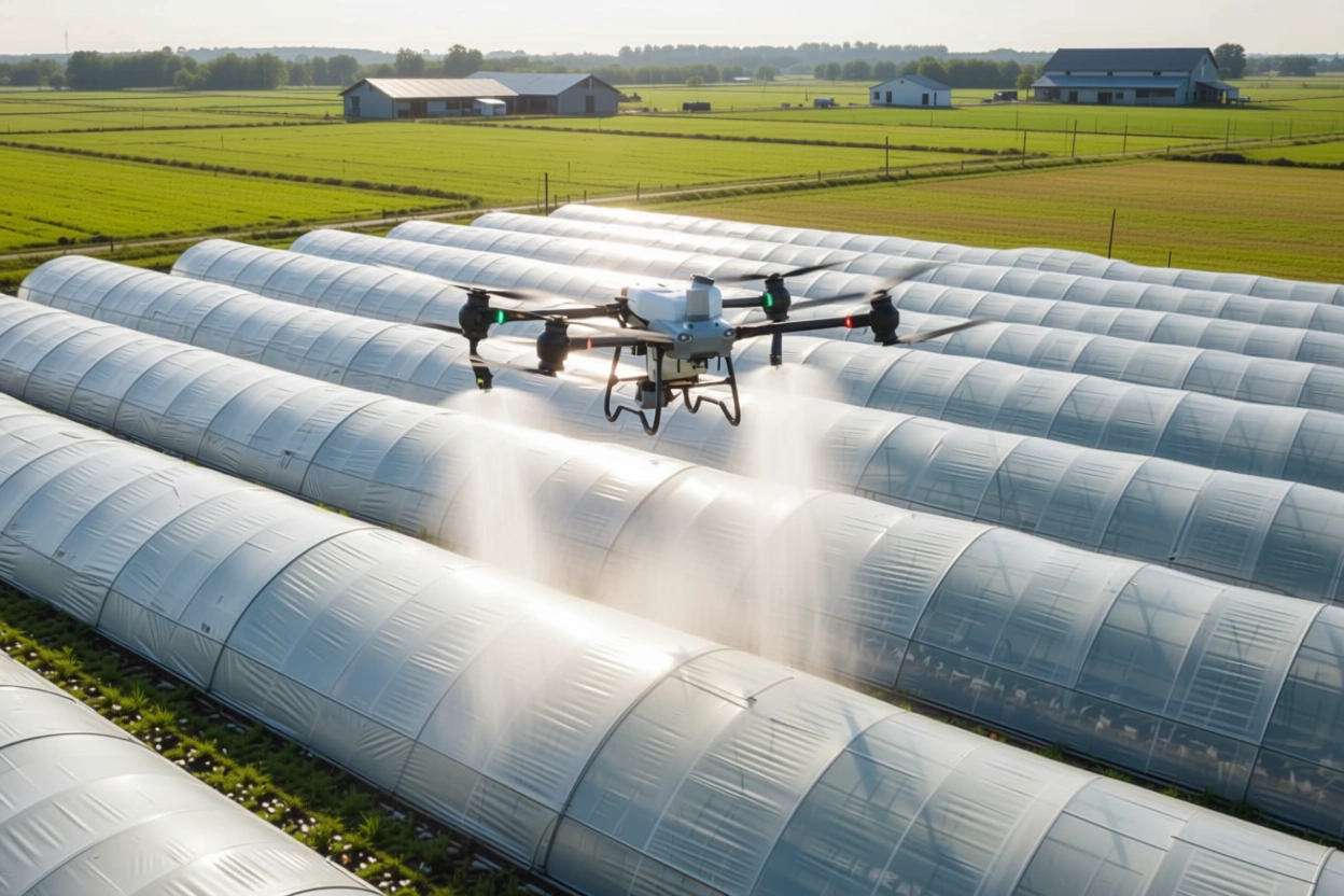 Засенчване на найлонови оранжерии - DJI Agras T50 пръска покривите